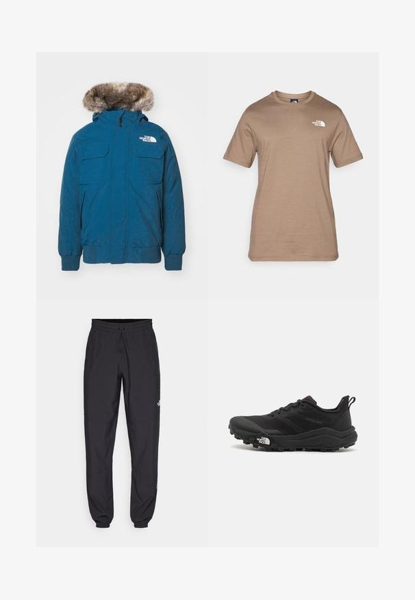 The North Face MCMURDO  - Down jacket - midnight petrol; Short-sleeve, light brown cotton t-shirt featuring a small white logo on the chest. Classic crew neck, smooth texture, and standard fit.; Black athletic pants made from lightweight fabric, featuring a drawstring waistband, side pockets, and tapered cuffs at the ankles.; Black trail running shoe with a textured upper, rubber sole, and reinforced toe cap. Features a padded collar and pull tab for easy wear.