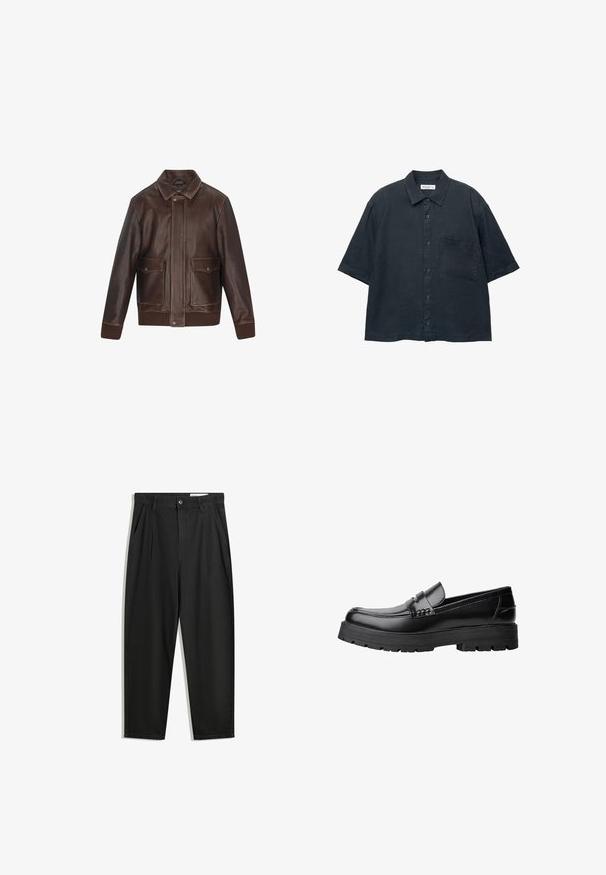 Ruskeahöyheninen takki, jossa on terävä kaulus, kaksi etutaskua, ribatut hihansuut ja helma. Sileä pinta, jossa on kontrastivärit ompelut yksityiskohdat.; Tummansininen lyhythihainen nappipaita, joka on valmistettu kevyestä kankaasta. Paidassa on rintatasku ja klassinen kaulusk design.; Mustat puuvillahousut rentoa mallia, joissa on klassinen vyötärö, etukangastukset ja sivutaskut. Sileä pinta ilman kuvioita.; Musta nahkainen loaferi, jossa on paksu urheilupohja ja koristeellinen hihna yläpääkkeellä, esitettynä vasemman sivuprofiilin kuvassa valkoista taustaa vasten.