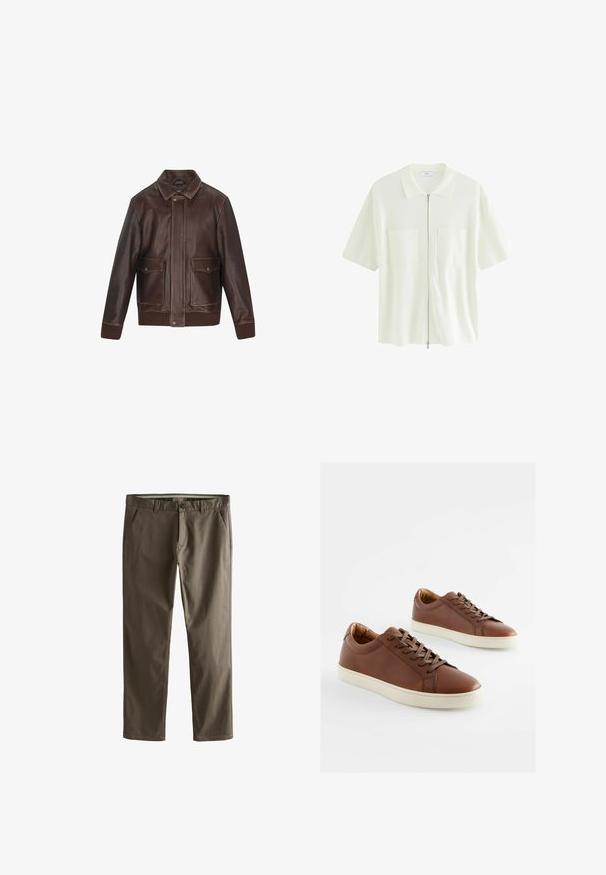 Ruskeahöyheninen takki, jossa on terävä kaulus, kaksi etutaskua, ribatut hihansuut ja helma. Sileä pinta, jossa on kontrastivärit ompelut yksityiskohdat.; Hihaton, valkoinen vetoketjupaita, joka on valmistettu tekstuurista kankaasta. Paidassa on kauluksellinen kaula-aukko ja kaksi etutaskua, joissa on neliönmuotoiset läpät.; Ruskeat puuvillachinot, suoranlahkeiset, etutaskut ja nappikiinnitys. Ominaisuuksina sileä pinta ja siistit linjat.; Ruske nahkakevadelise disainiga tennised sileda tekstuuriga, valged kummist tallad ja sobivad pruuni värvi paelad. Ümar nina disain minimaalsete õmblusdetailidega.