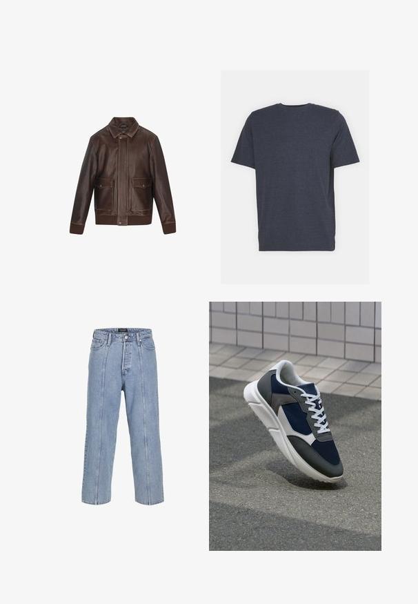 Hnedá kožená bunda s špicatým golierom, dvoma prednými vreckami, rebrovanými manžetami a lemom. Hladká textúra s kontrastnými švovými detailmi.; Námorníckomodrá tričko s okrúhlym výstrihom vyrobené z mäkkej bavlnenej zmesi, s krátkymi rukávmi a klasickým strihom. Žiadne viditeľné vzory ani akcenty.; Svetlo modré denimové nohavice s voľným strihom, širokými nohavicami a viditeľnými šitými detailmi. Obsahujú zapínanie na gombík a zips, päť vreciek.; Tenisky s sieťovinou v námorníckej modrej farbe, so sivými semišovými detailmi, bielou gumovou podrážkou a plochými bielymi šnúrkami, navrhnuté pre pohodlie a priedušnosť.