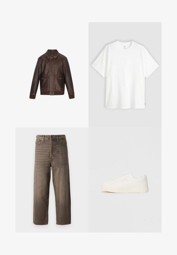 Hnědá kožená bunda s špičatým límcem, dvěma předními kapsami, žebrovanými manžetami a spodním lemem. Hladká textury s kontrastními švy.; Bílý krátký rukáv tričko vyrobené z bavlny s kulatým výstřihem. Na přední straně se nachází decentní embosované logo a červená cedulka na lemu.; Hnědé široké džíny vyrobené z denimu. Mají zip, poutka na opasek a pět kapes. Látka má vybledlý, texturovaný vzhled.; Bílé slip-on tenisky s texturovaným povrchem, silnou podešví a minimalistickým designem. Na boku je umístěno logo značky.