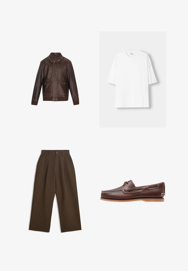 Braune Lederjacke mit spitzem Kragen, zwei Vorder taschen, gerippten Bündchen und Saum. Glatte Textur mit kontrastierenden Steppdetails.; Weißes kurzärmliges T-Shirt aus Baumwolle mit Rundhalsausschnitt und lockerer Passform. Glatte Textur, ohne sichtbare Muster oder Akzente.; Braune Plisseehosen mit weitem Bein, ausgestattet mit einem Knopfverschluss und seitlichen Taschen, aus strukturiertem Stoff, der sich gut für Freizeitkleidung eignet.; Braune Lederbootsschuhe mit weißen Nähten, braunen Schnürsenkeln und einer sandfarbenen Gummisohle. Mit einem Logo an der Seite und Metallösen für die Schnürsenkel.
