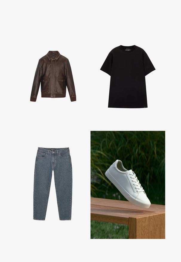 Giacca di pelle marrone con colletto a punta, due tasche frontali, polsini e orlo a coste. Texture liscia con dettagli di cucitura a contrasto.; PULL&BEAR JOIN LIFE - T-shirt basic - black; Jeans in denim blu scuro con vestibilità comoda, design a cinque tasche, chiusura con bottone e orlo leggermente sfilacciato. Materiale resistente con una texture sottile.; Sneaker bianco con lacci sospeso sopra una panchina di legno, con fogliame verde sullo sfondo, che mette in mostra il design e la texture della scarpa.