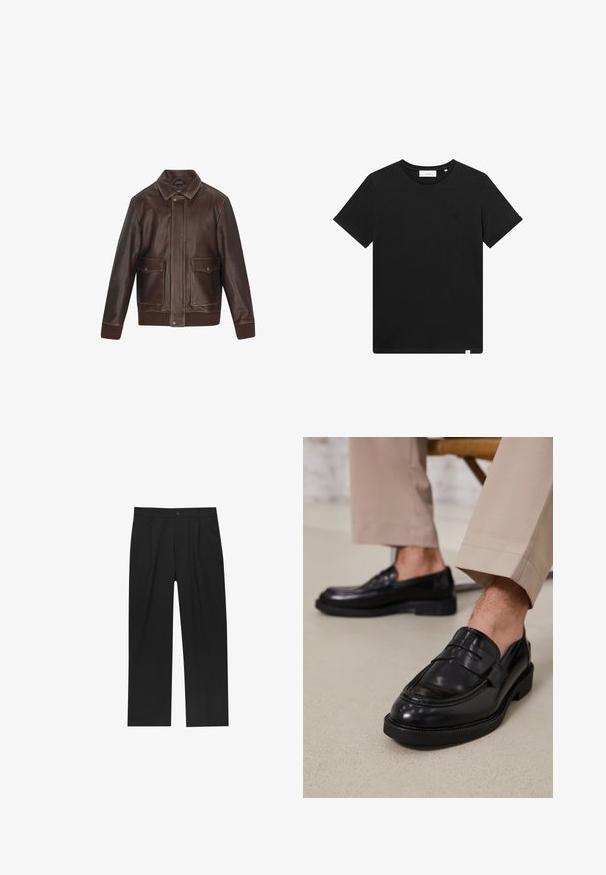 Braune Lederjacke mit spitzem Kragen, zwei Vorder taschen, gerippten Bündchen und Saum. Glatte Textur mit kontrastierenden Steppdetails.; Schwarzes T-Shirt mit kurzen Ärmeln aus Baumwolle, mit Rundhalsausschnitt und einem kleinen, auf der Brust gestickten Logo. Glatte Textur, normale Passform.; Schwarze Hose mit geradem Schnitt, aus einem glatten Stoff gefertigt. Verfügt über Vorderfalten und einen einzelnen Knopfverschluss an der Taille.; Schwarze Lederloafers mit glatter Oberfläche, ausgestattet mit einem dekorativen Riemen und Kontrastnähten, kombiniert mit beigen Hosen.