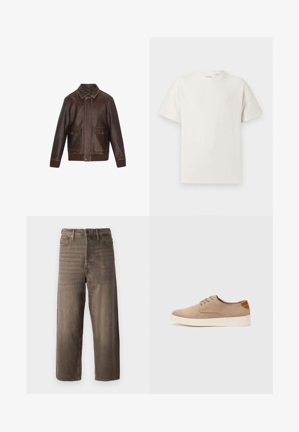Ruda odinė striukė su smailu apykakle, dviem priekinėm kišenėm, raštuotais rankogaliais ir apačia. Lygus paviršius su kontrastingais siuvinėjimo akcentais.; Balta trumpa rankovė T-polo marškinėlių su juostelėmis tekstūra. Apvalus iškirpimas, laisvas fasonas, jokių matomų raštų ar akcentų. Paprastas ir universalus dizainas.; Rudos platūs džinsai, pagaminti iš džinsinio audinio. Yra užtrauktukas, diržo kilpos ir penki kišenės. Audinys atrodo išblukęs, su tekstūrine išvaizda.; Bežiniai zomšiniai sportbačiai su apvaliomis pirštų dalimis, raišteliais priekyje ir tekstūruotu užkulniu. Balta guma suteikia kontrastą. Paprastas ir modernus dizainas.