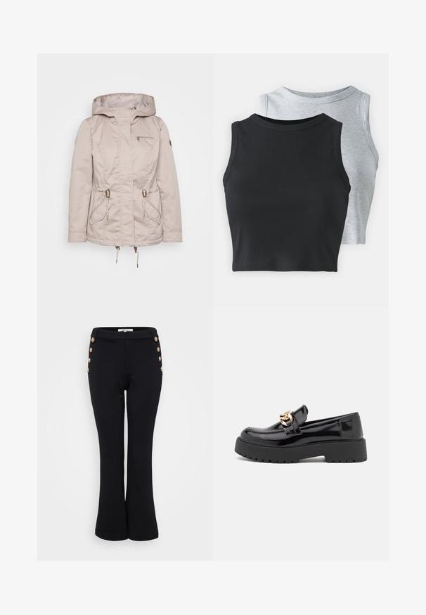 Giacca impermeabile beige con cappuccio, stringhe regolabili, due tasche frontali e una tasca sul petto con zip. Texture liscia, design casual.; Even&Odd Petite 2 PACK - Top - light grey/black; Pantaloni neri a zampa d'elefante realizzati in tessuto liscio, con accenti di bottoni dorati lungo la vita per un tocco di eleganza e una silhouette aderente.; Mocassini in pelle verniciata nera con suola spessa nera e dettagli in hardware dorato. Texture liscia e design con punta arrotondata.
