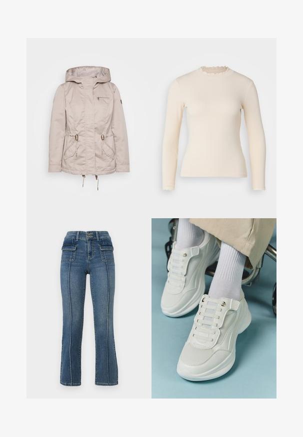 Beige vetturi vesitiivis takki, kus on kapuuts, reguleeritavad nöörid, kaks esikotti ja lukuga rinna tasku. Sile tekstuur, juhuslik disain.; Pitkähihaisessa ribbikudotussa yläosassa on off-white väri, rypistetty korkeakaula-aukko ja hihansuut. Sujuva pinta ja hyvin istuva siluetti.; ONLY Petite ONLWAUW MID WAIST FLARED - Flared-farkut - medium blue denim; Valkoiset lenkkarit, joissa on verkkokangas, kumipohja, nauhattomuus elastisilla nauhoilla ja kultatäyteiset yksityiskohdat.