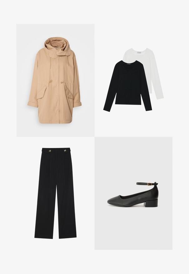 Jachetă bej cu glugă, cordon, buzunare frontale și croială lejeră. Fabricată dintr-un material ușor, are o guler rotund și manșete răsucite.; Două bluze cu mânecă lungă, una neagră și una albă, ambele având un guler pătrat și fiind confecționate dintr-un material moale și elastic.; Pantaloni negri cu picioare largi, talie înaltă, detalii cu butoane pe talie și pliseuri în față.; Pantof cu toc negru din piele, cu vârf ascuțit și toc mic pătrat. Dispune de o curea la gleznă cu o cataramă în tonuri de aur. Textură netedă.