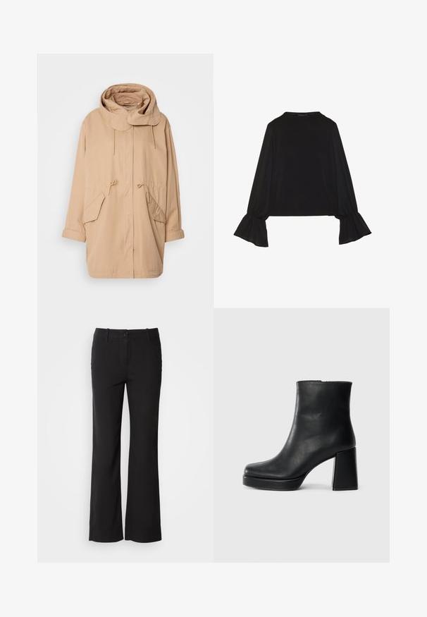 Chaqueta beige con capucha y cordón de ajuste, bolsillos frontales y corte holgado. Confeccionada en tela ligera, cuenta con un cuello redondeado y puños enrollados.; Top negro de manga larga con puños acampanados, textura suave y un ajuste relajado, con un sencillo cuello redondo.; Pantalones de mezcla de algodón negros con un diseño de pierna recta, cierre frontal de botón y dos bolsillos laterales. Textura suave, sin patrones visibles.; Botín de cuero negro con tacón cuadrado y suela de plataforma, visto de lado sobre un fondo blanco liso.