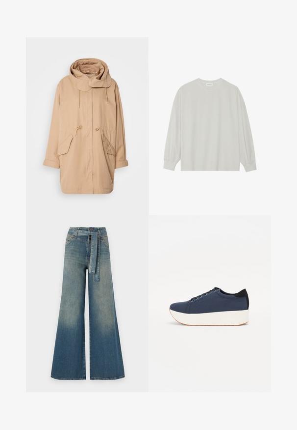 Veste à capuche beige avec cordon de serrage, poches avant et coupe décontractée. Fabriquée en tissu léger, elle présente un col arrondi et des poignets roulés.; T-shirt à manches longues gris clair en coton doux. Présente une coupe ample, un col rond et des poignets légèrement froncés. Aucun motif ni graphique.; Pantalons en denim à jambe large présentant un dégradé de bleu clair à bleu foncé, taille haute, passants de ceinture et une ceinture en tissu assortie. Finition en denim texturé.; Baskets bleu marine avec un upper en tissu texturé, semelle plateforme blanche, bout arrondi et accent noir au talon. Dispose de six œillets pour les lacets.