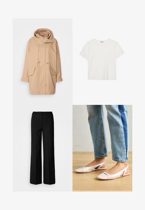 Giacca beige con cappuccio, dotata di cordino, tasche frontali e vestibilità ampia. Realizzata in tessuto leggero, presenta un colletto rotondo e polsini arrotolati.; T-shirt bianco a maniche corte realizzato in morbido cotone. Presenta un collo rotondo e una vestibilità comoda. Design pulito senza modelli o dettagli visibili.; Pantaloni neri a gamba larga in tessuto morbido, con vita alta, cuciture sartoriali e design minimalista. Nessuna ferramenta visibile o tasche.; Ballerine slingback rosa pallido con punta affusolata, realizzate in un materiale simile alla pelle liscio. Presentano dettagli a taglio sui lati e un tacco piatto.
