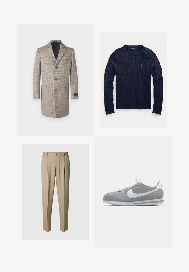 Beige plaid overcoat with a notched lapel, three-button closure, two front pockets, and a black inner lining. Textured wool fabric.; Navy cable-knit sweater with ribbed cuffs and hem. Features a small red logo on the chest. Made of textured knit fabric. Classic crew neck.; Beige pleated trousers made from a lightweight fabric, featuring a button closure and belt loops, with a relaxed straight-leg design.; Gray athletic shoe with a suede and textile upper, white Nike swoosh, and white laces. Features a textured rubber sole and padded collar.
