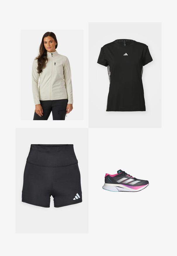 Fleecejacke in Weiß mit hohem Kragen, Frontreißverschluss und einer Brusttasche. Verfügt über eine glatte Textur und ein schlankes Designs.; Schwarzes Sport-T-Shirt mit kurzen Ärmeln, hergestellt aus synthetischem Material. Verfügt über ein kleines weißes Logo auf der Brust und weiße Streifen an den Seiten.; adidas Performance Tights - black; Laufschuh mit einem grauen Mesh-Obermaterial, pinken Akzenten und weißen Streifen. Verfügt über eine gepolsterte Sohle und ein schlankes, aerodynamisches Design.