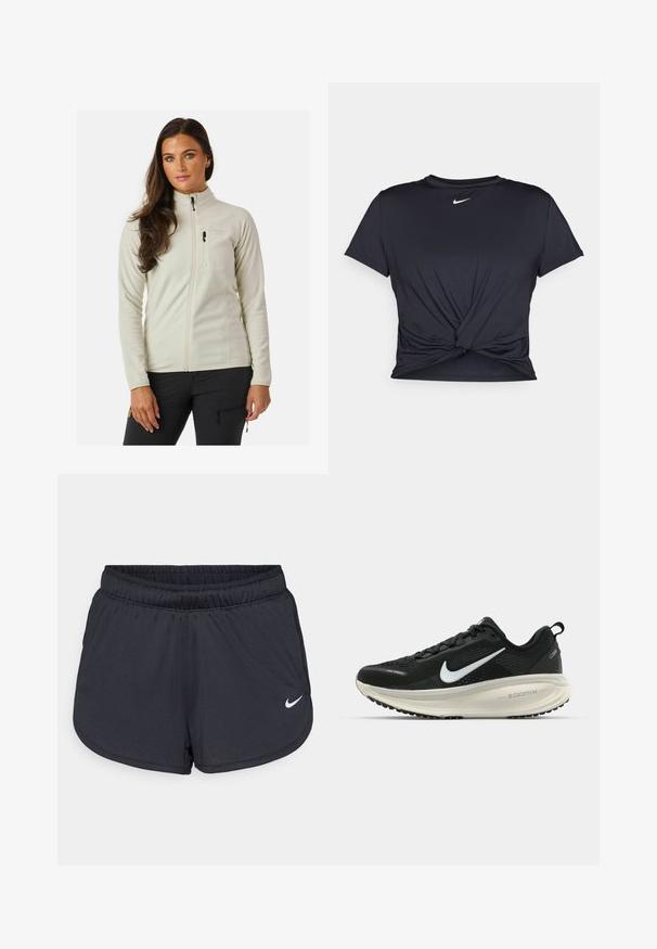 Fleecejakke i hvid med høj krave, frontlynlås og brystlomme. Har en glat tekstur og slank pasform.; Sort atletisk t-shirt lavet af glat stof, med et knyttet frontdesign og et lille hvidt Nike-logo på brystet.; Sorte atletiske shorts lavet af letvægts, åndbart stof. Har en elastisk talje og hvidt Nike-logo på nederste højre side.; Sort Nike løbesko med åndbart mesh-overdel, hvidt swoosh-logo, tekstureret detaljering og en cremede ZoomX mellemsål.