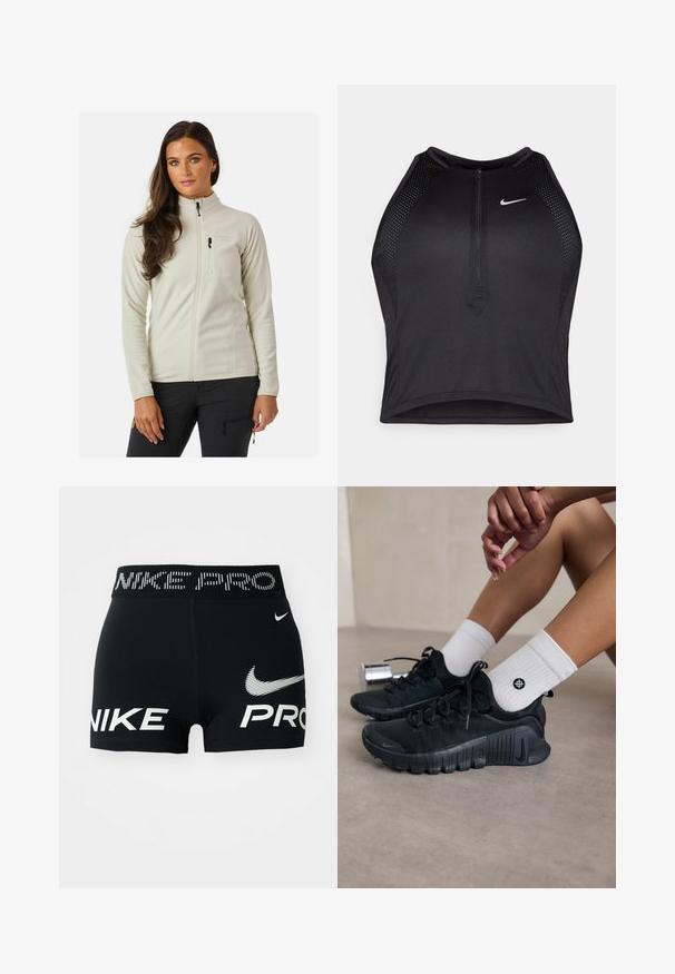 Fleecejakke i hvid med høj krave, frontlynlås og brystlomme. Har en glat tekstur og slank pasform.; Sort sports crop top med lynlås foran, mesh-detaljer og en tætsiddende pasform. Lavet af strækbart, åndbart stof. Nike-logo på forsiden.; Sorte Nike Pro træningsshorts med hvide Nike-logoer og tekst på taljen og fronten.; Sorte træningssko med struktureret stof, snørebåndsdesign og en markant sål, parret med hvide ribbede sokker med et lille logo.