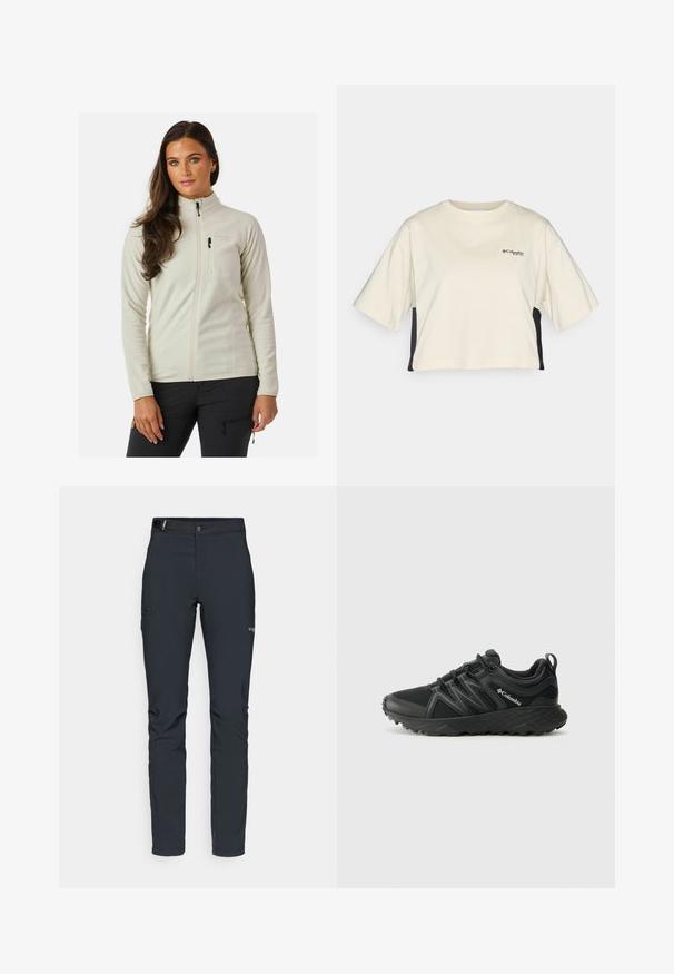 Witte fleecejack met hoge kraag, voorkant met rits en een borstzak. Beschikt over een gladde textuur en slanke pasvorm.; Crème kleurige cropped t-shirt met een ronde hals, korte mouwen en zwarte zijkanten; heeft een klein zwart logo op de borst.; Heren buitenbroeken, donkergrijs, gemaakt van flexibel materiaal, met een riem, ritszakken en verstevigde stiksels.; Columbia PEAKFREAK - Outdoorschoenen - black