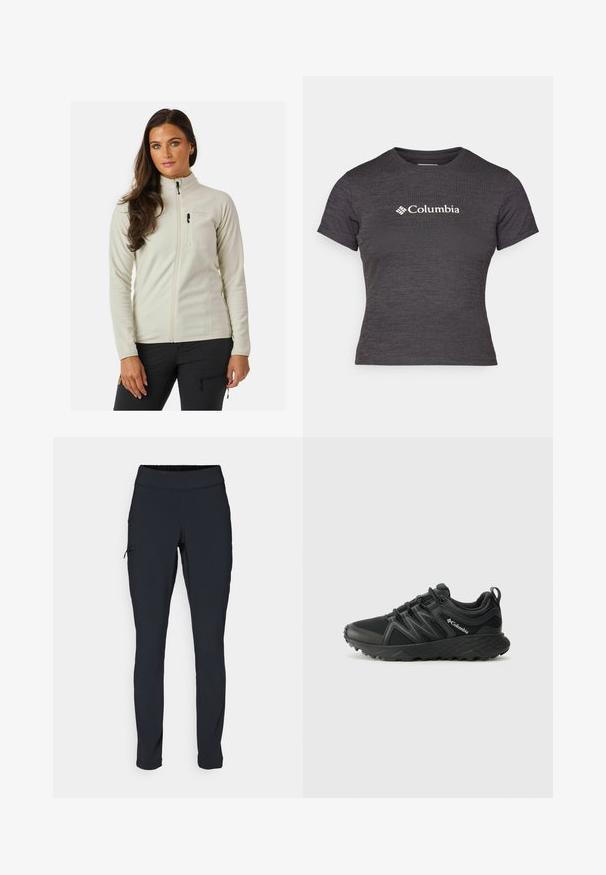 Fleece jacket in white with high collar, front zipper, and a chest pocket. Features smooth texture and slim fit design.; Dark gray short-sleeve t-shirt made of textured fabric with a round neck, featuring a white Columbia logo across the chest.; Black athletic pants with a slim fit, elastic waistband, and a side pocket featuring a zipper. Smooth, stretchy fabric with minimal seams.; Columbia PEAKFREAK - Hiking shoes - black
