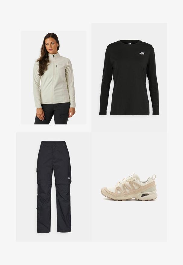 Witte fleecejack met hoge kraag, voorkant met rits en een borstzak. Beschikt over een gladde textuur en slanke pasvorm.; Zwart langsluiting T-shirt van katoen met een ronde hals. Heeft een klein wit logo op de linkerkant van de borst. Eenvoudig ontwerp en pasvorm.; Zwarte nylon cargo broek met afneembare pijpen, verstelbare manchetten, meerdere zakken en een logo op het rechterbeen. Gladde, lichte textuur.; Beige en crème sportschoen met een textuur-mesh bovenwerk, ondersteunende overlays en een rubberen zool met een profielpatroon voor grip.