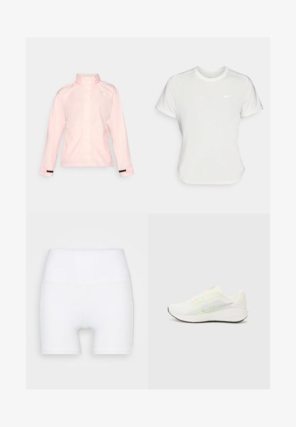 Light pink waterproof jacket with a high collar, long sleeves, and black wrist accents. Features a small white logo on the chest area.; Nike T-shirt in white, short sleeves, round neckline, made from a smooth, lightweight fabric. Features a subtle logo on the chest.; White high-waisted shorts made from stretch fabric. Features a smooth texture and fitted design, with no additional patterns or hardware.; Nike Performance DOWNSHIFTER 13 - Road running shoes - sail/silver-coloured photon dust/summit white/barely volt/black