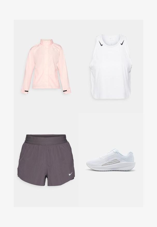 Casaco impermeável rosa claro com gola alta, mangas compridas e detalhes pretos nos pulsos. Apresenta um pequeno logótipo branco na área do peito.; T-shirt branca sem mangas feita de um tecido leve, com detalhes do logotipo preto da Nike nos ombros, decote redondo e um corte relaxado.; Calções de corrida Nike em cinza escuro, com um amplo cós elástico, tecido leve, bolsos laterais e um logótipo subtil em branco.; Sapatilha atlética branca com parte superior em rede, bico arredondado e sola texturizada. Apresenta o símbolo Nike em prata e um design minimalista.