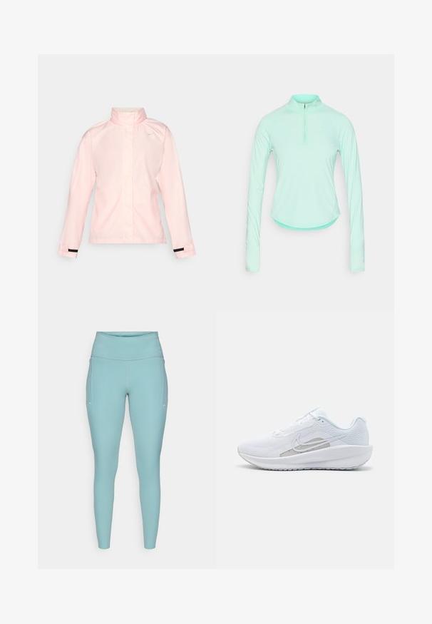 Ljusrosa vattentät jacka med hög krage, långa ärmar och svarta handledsavslut. Har en liten vit logotyp på bröstområdet.; Mintgrön långärmad träningsskjorta med zip-up krage, med en figursydd design och mjuk, lättvikts tyg.; Ljusblå leggings gjorda av elastiskt material, med hög midja, sömlös design och minimala vita accenter på sidorna.; Vit sportskor med övre del av mesh, rund tå och texturerad sula. Har en silverfärgad Nike swoosh och en minimalistisk design.