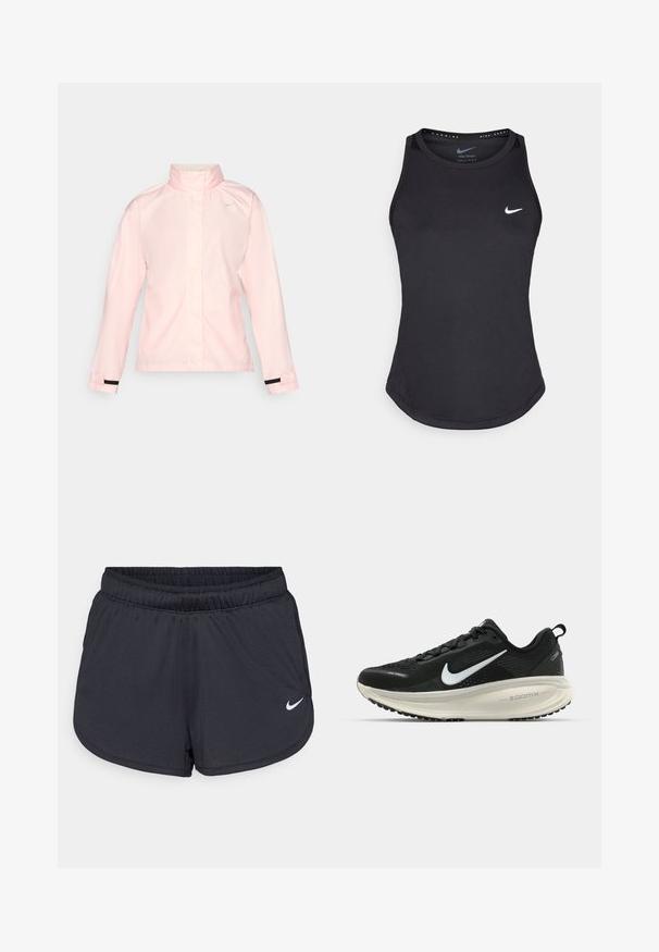 Lichtroze waterdichte jas met een hoge kraag, lange mouwen en zwarte accenten bij de polsen. Voorzien van een klein wit logo op de borst.; Zwarte sporttanktop gemaakt van vochtregulerend materiaal. Heeft een ronde hals, een smalle pasvorm en het witte Nike-logo op de borst.; Zwarte sportieve shorts van lichtgewicht, ademend materiaal. Voorzien van een elastische tailleband en een wit Nike-logo aan de rechteronderzijde.; Zwarte Nike hardloopschoen met ademend mesh bovenwerk, witte swoosh-logo, gestructureerde details en een crèmekleurige ZoomX middenzool.