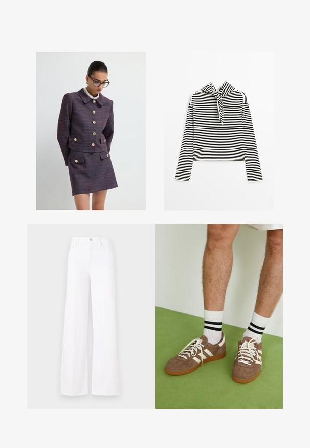 Tweedová bunda v tmavě fialové barvě s červenými akcenty a zlatými knoflíky, v kombinaci se sladěnou sukní. Obsahuje velký límec a dvě přední kapsy.; Massimo Dutti STRIPED WITH REMOVABLE BANDANA - Svetr - beige; Bílé volné džíny s vysokým pasem vyrobené z denimové látky, s předním zapínáním na knoflík a čtyřmi kapsami. Hladká textura bez viditelných vzorů.; Hnědé semišové tenisky s bílými akcenty a tkaničkami. Gumová podrážka. Nošeny s bílými ponožkami s černými pruhy. Zelená strukturovaná podlaha.