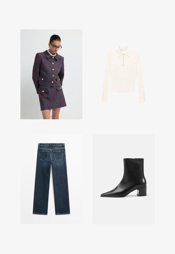 Tweedová bunda v tmavě fialové barvě s červenými akcenty a zlatými knoflíky, v kombinaci se sladěnou sukní. Obsahuje velký límec a dvě přední kapsy.; Krémová polo košile s dlouhým rukávem vyrobená z měkké tkaniny, s klasickým límcem a sedmi malými stříbrnými knoflíky vpředu.; Tmavě modré džíny se rovný střih, přední dvě zadní kapsy a viditelné švy podél švů a okrajů.; Černá kožená kotníková bota s špičatou špičkou, hladkým povrchem a středním blokovým podpatkem. Minimalistický design, zapínání na zip na zadní straně.