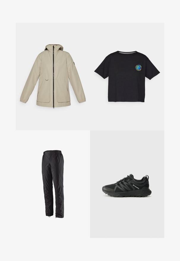 Veste imperméable beige avec fermeture éclair sur le devant, capuche réglable et poignets élastiques. Comprend deux poches latérales et un design épuré.; T-shirt noir en coton à manches courtes avec un logo circulaire multicolore sur la poitrine. Ourlet droit et coupe décontractée.; Pantalons imperméables noirs avec une taille élastique, des poches zippées sur les côtés, des jambes fuselées et une texture lisse. Convient pour les activités de plein air.; Columbia PEAKFREAK - Chaussures de marche - black