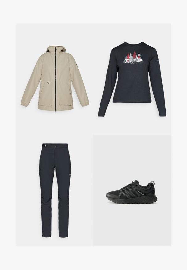 Beige waterproof jacket with a zip front, adjustable hood, and elastic cuffs. Features two side pockets and streamlined design.; Long-sleeve dark gray shirt with a graphic of red trees and mountains; "COLUMBIA" logo in bold white text. Soft fabric, standard crew neck.; Men's outdoor pants, dark gray, made from flexible material, featuring a belt, zippered pockets, and reinforced stitching.; Columbia PEAKFREAK - Hiking shoes - black