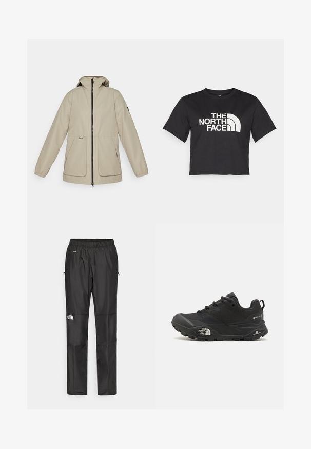 Giacca impermeabile beige con zip frontale, cappuccio regolabile e polsini elasticizzati. Presenta due tasche laterali e un design slanciato.; Maglietta nera corta in cotone, con un logo bianco con accenti curvi e testo "THE NORTH FACE" sul davanti. Maniche corte, colletto alla marinara.; Pantaloni impermeabili neri realizzati in tessuto leggero, dotati di cintura elastica, tasche laterali e un logo sulla gamba sinistra.; Scarpa da trekking nera con una tomaia texturizzata, chiusura con lacci e una suola di gomma spessa che presenta un logo prominente sul lato e disegni del battistrada.