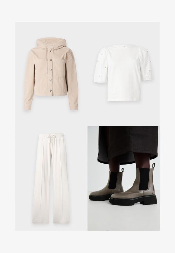 Beige corduroy-takki hupulla, jossa on etupainike ja kaksi rintataskua. Raskas kangas, jossa on uurrettu kuvio.; Valkoinen puuvillainen t-paita lyhyillä puffihihnoilla, joissa on pieniä hopeisia koristeita hihojen varrella. Klassinen pyöreä kaula-aukko, rento malli.; Vaaleanbeiget collegehousut, joissa on pehmeä kangas, nyörikuja vyötäröllä, leveät lahkeet ja pystysaumat, sekä sileä pinta.; Harmaat nilkkurit, jotka on valmistettu teksturoidusta nahasta ja joissa on joustavat sivupaneelit sekä paksu musta pohja. Varustettu vetoketjuilla, jotka helpottavat pukemista.