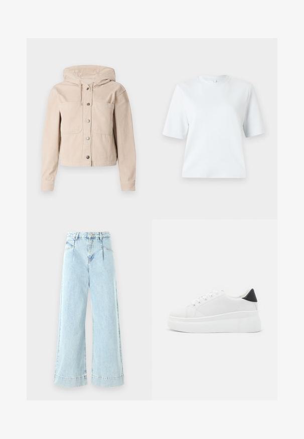 Veste en velours côtelé beige avec une capuche, dotée d'une fermeture à boutons sur le devant et de deux poches poitrine. Tissu texturé avec un motif en côtes.; T-shirt bleu clair à manches courtes en coton doux. Il présente un col rond classique et une coupe décontractée, sans motifs ni accents.; Jeans larges en denim bleu clair, avec une taille haute, des poches avant et des accents cousus à l'ourlet.; Baskets plates blanches en matériau synthétique lisse, avec un bout arrondi, un design à lacets et une semelle en caoutchouc texturé. Accent de talon noir.