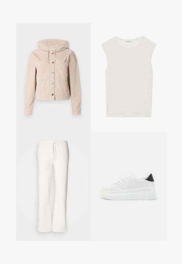 Veste en velours côtelé beige avec une capuche, dotée d'une fermeture à boutons sur le devant et de deux poches poitrine. Tissu texturé avec un motif en côtes.; Haut sans manches blanc avec un col rond. Fabriqué en tissu lisse, il présente une coupe décontractée et un design minimaliste. Pas de motifs ni d'accents.; Pantalons de jogging blancs, à coupe décontractée, fabriqués en tissu doux, dotés d'une taille élastique avec cordon de serrage et d'une conception à jambe droite.; Baskets plates blanches en matériau synthétique lisse, avec un bout arrondi, un design à lacets et une semelle en caoutchouc texturé. Accent de talon noir.