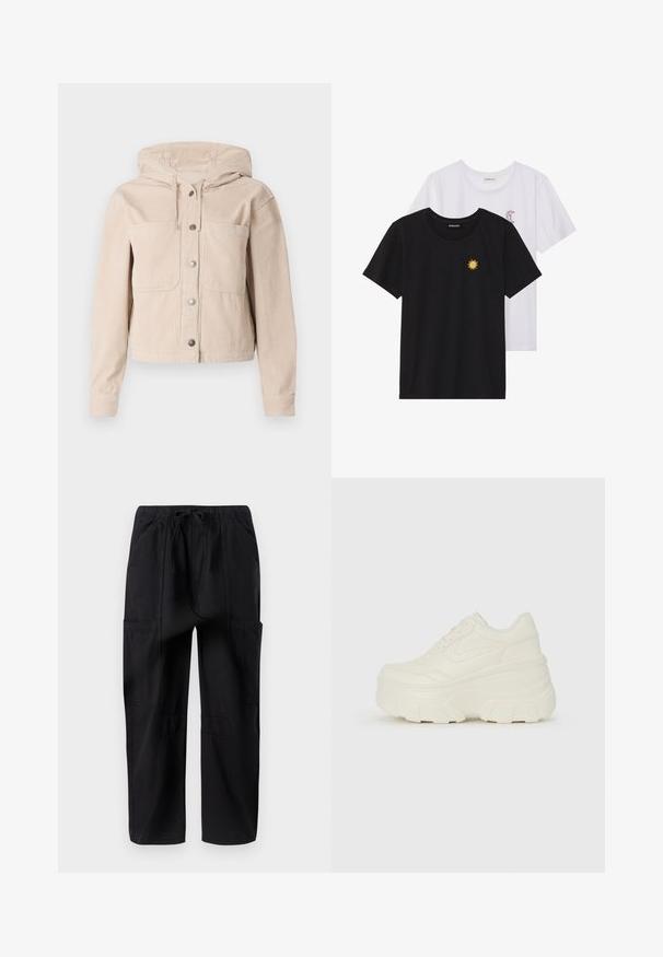 Giubbotto in corduroy beige con cappuccio, dotato di chiusura frontale con bottoni e due tasche sul petto. Tessuto testurizzato con motivo a costine.; T-shirt in bianco e nero, girocollo, maniche corte. La maglietta nera presenta un ricamo di sole giallo; quella bianca ha un accento di luna crescente viola.; Pantaloni cargo neri in cotone con vestibilità rilassata, dotati di una cintura elastica e molteplici tasche laterali per una maggiore utilità.; Sneakers bianchi con piattaforma, caratterizzati da una parte superiore simile alla pelle liscia, forma arrotondata, collo imbottito e suola in gomma testurizzata con scanalature ben definite.