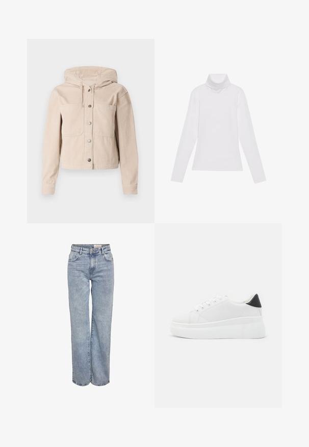 Beige kordfløyelsjakke med hette, med frontknapplukking og to brystlommer. Teksturert stoff med ribbet mønster.; Hvit langermet høyhalset topp laget av glatt, elastisk stoff. Har høy krage og tettsittende design, uten synlige mønstre eller dekorasjoner.; Lys blå vide jeans laget av denim, med høy midje, fem-lommers design og subtile falminger for et slitt utseende.; Hvite plattform sneakers laget av glatt syntetisk materiale, med rund tå, snøring og en strukturert gummisåle. Svart hæl akcent.