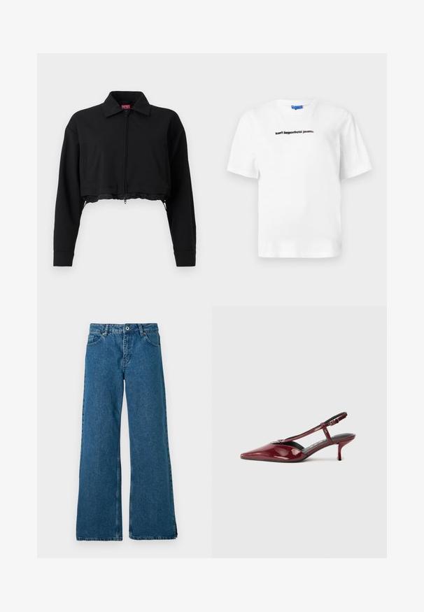Casaco cropped preto com fecho à frente, dois bolsos laterais e colarinho. Feito de um tecido suave com uma silhueta ajustada.; T-shirt branca de algodão com gola redonda e mangas curtas. A frente apresenta texto impresso em preto: "karl lagerfeld jeans". Textura suave.; Jean azul de perna larga com um design clássico de cinco bolsos, apresentando um fecho frontal com botão e zip, e uma textura ligeiramente desgastada.; Sapato de salto kitten em bico, em pele vinho brilhante, com tira em T e fivela prateada, sobre fundo branco.