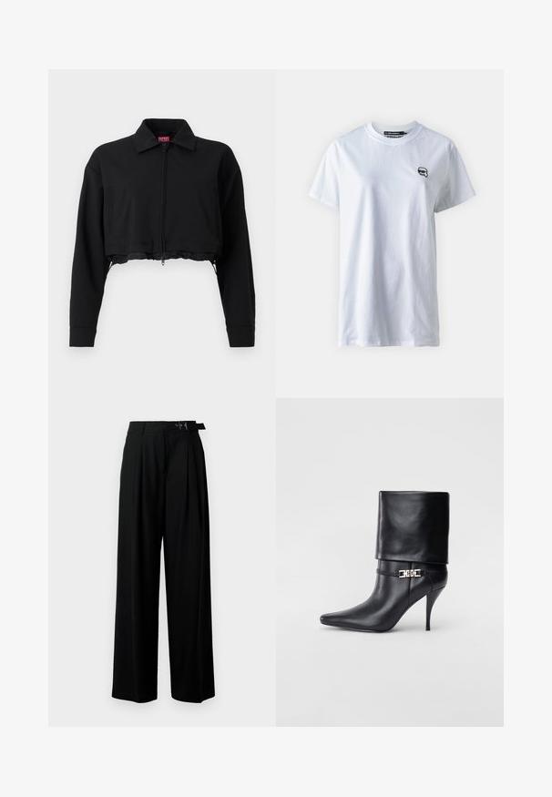 Fekete cropped dzseki, elülső cipzárral, két oldalsó zsebbel és gallérral. Simaszerű anyagból készült, alakra szabott fazonnal.; Fehér pamut póló rövid ujjakkal, kerek nyakkivágással és egy kis fekete logóval a bal mellkas területén. Simaság jellemzi, laza szabása van.; Fekete, bő szárú nadrág magas derékkal, elöl pliszírozva, és csattal ellátott övvel. Simább, könnyű anyagból készült.; Fekete bőr bokacsizma hegyes orral, magas stiletto sarokkal, hajtott szegéllyel és arany díszcsattal a bokán.
