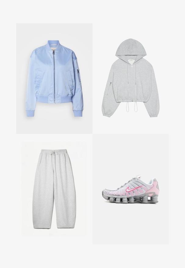 Giacca bomber azzurro chiaro, finitura in satin, chiusura con zip, polsini e orlo a coste, due tasche laterali, una tasca con zip sulla manica.; Felpa grigia corta con zip frontale, coulisse sull'orlo, cappuccio ampio e tasca con zip sulla manica sinistra. Tessuto morbido.; Maglietta fitted bordeaux a maniche lunghe con scollatura rotonda e aperture per il pollice, abbinata a pantaloni bianchi a vita alta. Tessuto liscio e texture elasticizzata.; Pantaloni della tuta grigio chiaro con una vestibilità rilassata, vita elasticizzata, cordoncino e tasche laterali; realizzati in un morbido tessuto testurizzato.; Scarpa da atletica Nike in bianco e rosa chiaro. Presenta una tomaia in rete e una suola curva distintiva con ammortizzazione ad aria visibile.