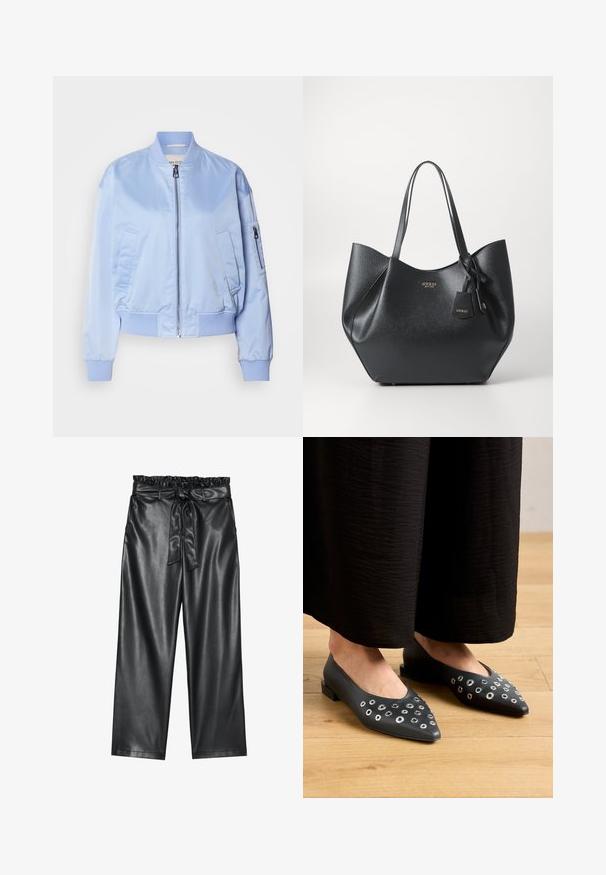 Hellblaus Bomberjacke, satinierte Oberfläche, Reißverschluss, gerippte Bündchen und Saum, zwei Seitentaschen, eine mit Reißverschluss verschlossene Armtasche.; Weiße Bluse mit langen Ärmeln, klassischem Kragen, vorderer Knopfleiste und gerafftem Seitendetail. Glattes Material mit taillierter Form.; Schwarze weite Hosen aus Kunstleder mit einem elastischen, rüschierten Bund und einem abnehmbaren Bindegürtel. Glatte Textur und minimaler Glanz.; Schwarze Lederballerinas mit spitzem Zehenbereich, die mit Metallösen in verschiedenen Größen verziert sind, sowie einem niedrigen, quadratischen Absatz. Glatte Textur auf Holzboden.; Schwarze Tragetasche aus texturiertem Synthetikmaterial mit breiter Silhouette, ausgestattet mit zwei Griffen und einem Markenanhänger.