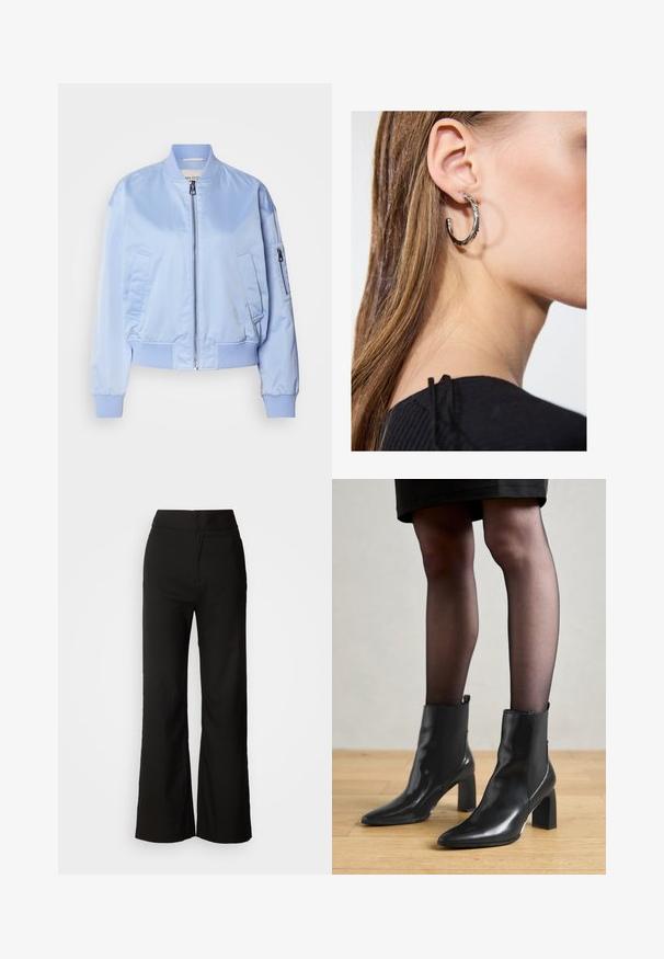 Lyseblå bomberjakke, satinfinish, lynlåslukning, ribbede manchetter og kant, to sidelommer, en lynlåslomme på armen.; Sort tanktop lavet af blødt, strækbart materiale. Har en rund halsudskæring og brede stropper, med en tætsiddende silhuet og glat tekstur.; Sorte bukser med bred benvidde, glat tekstur, høj talje og et enkelt design. Ingen synlige lommer eller udsmykninger.; Sorte læderankelstøvler med spids tå, kraftig firkantet hæl og slankt design. Har elastiske sidepaneler for nem påtagning.; Sølv hoop ørestik med en poleret overflade, prydet med små guld accenter og en rund form, båret på øreflippen.