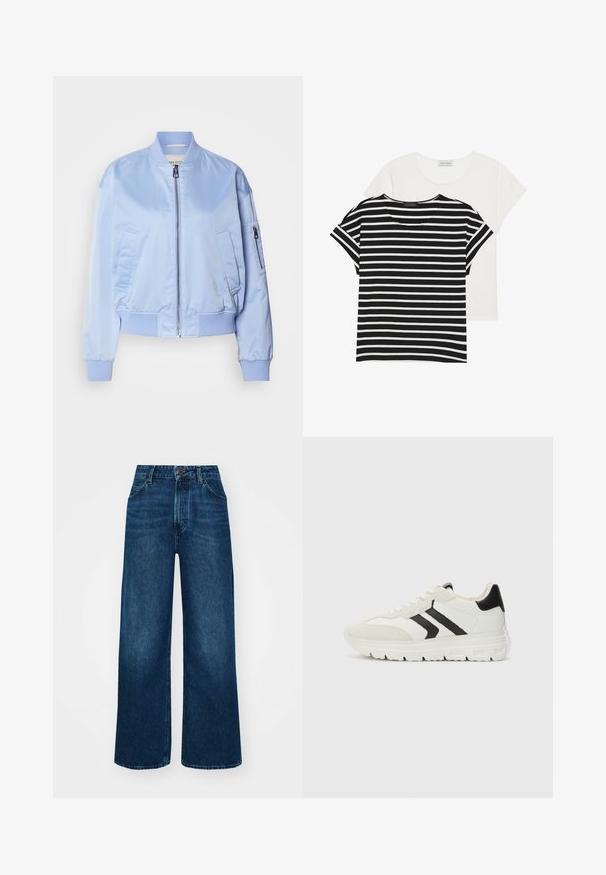 Svetlo modra bomberska jakna, satenska površina, zadrga za zapiranje, rebrasti manšeti in rob, dva stranska žepa, en žep na rokavu z zadrgo.; Dve majice: ena črno-bela z naramnicami in kratkimi rokavi, ter ena enobarvna bela, obe z okroglim izrezom in sproščenim krojem.; Hlače z visokim pasom in širokimi nogavicami iz temno modrega denima z gladko teksturo, kontrastnim šivanjem in zasnovo s petimi žepi. Sprednje zapiranje na gumb.; Bele teniske z črnimi poudarki, ki imajo kombinacijo usnja in nubuka, zaobljen nos, ter teksturiran gumijast podplat.