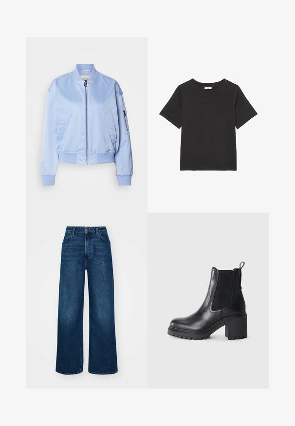 Lyseblå bomberjakke, satinfinish, lynlåslukning, ribbede manchetter og kant, to sidelommer, en lynlåslomme på armen.; Sort t-shirt lavet af blødt stof, med en rund halsudskæring og korte ærmer. Designet er simpelt uden synlige mønstre eller detaljer.; Højtaljede, brede jeans i mørkeblå denim med en glat tekstur, kontrastsyninger og design med fem lommer. Lukning foran med knap.; Sorte læder ankelstøvler med en kraftig hæl, elastiske sidedele og en trækhank bagpå. Struktureret sål for ekstra greb.