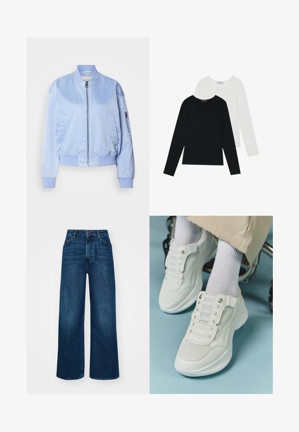 Gaiši zils bomberjakets, satīna apdare, ar rāvējamu aizdari, ribotām aprocēm un apakšmali, divas sānu kabatas, viena kabata ar rāvējslēdzēju uz roku.; Divi ilgiem piedurknēm tops, viens melns un otrs balts, abiem ir kvadrāta izgriezums un tie ir izgatavoti no mīksta, elastīga auduma.; Augsti vidukļa, plata kāju džinsi tumši zilā denima ar gludu tekstūru, kontrastējošu šuvju un piecu kabatu dizainu. Priekšpuses pogu aizdare.; Baltie sporta apavi ar sietu materiālu, gumijas zoli, bez šņoru dizainu ar elastīgām beigām un zeltainiem akcentiem.