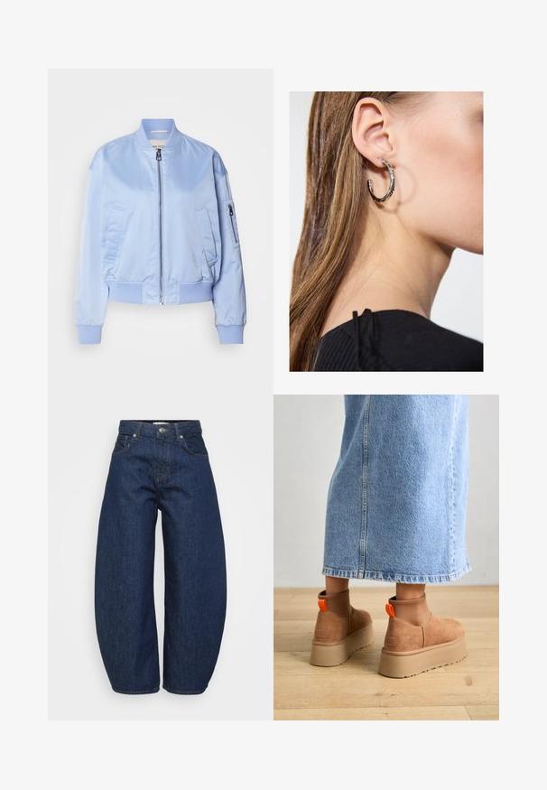 Hele sinine bomber-jakk, satiinviimistlus, lukuga sulgemine, soonikkoes varrukad ja äär, kaks külgtaskut, üks lukuga käetasku.; Even&Odd Petite 2 PACK - Topp - light grey/black; Tumesinised teksapüksid laiade, lõdvalt istuvate lõigetega. Varustatud luku ja nelja taskuga ning kontrastse õmblusega õmbluste ääres.; Pruunid nahatooted platvormikontsad elastsete külgpaneelidega ja oranžide tõmbetuttidega, koos puusani ulatuva heleda denim-seelikuga puidust põrandal.; Hõbedane rõngas kõrvarõngas poleeritud viimistlusega, millel on väikesed kuldsed aktsendid ja ümmargune kuju, kantud lobus.