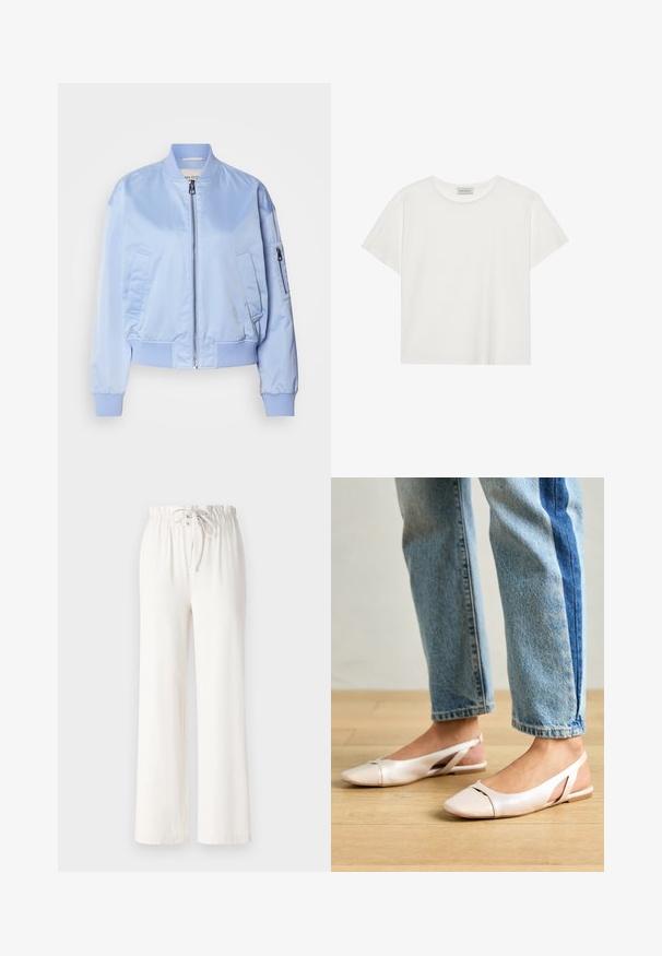 Lichtblauwe bomberjack, satijnen afwerking, ritssluiting, ribgebreide manchetten en zoom, twee zijzakken, één met ritssluiting op de arm.; Witte T-shirt met korte mouwen, gemaakt van zachte katoen. Heeft een ronde halslijn en een relaxte pasvorm. Schoon ontwerp zonder zichtbare patronen of accenten.; Witte wijde broek van zacht materiaal, met een tailleband met trekkoord en een gladde textuur. Geen patronen of versieringen zichtbaar.; Zachtroze slingback ballerina's met een spitse neus, gemaakt van een glad leerachtig materiaal. Bevat uitsnijdingen aan de zijkanten en heeft een platte hak.