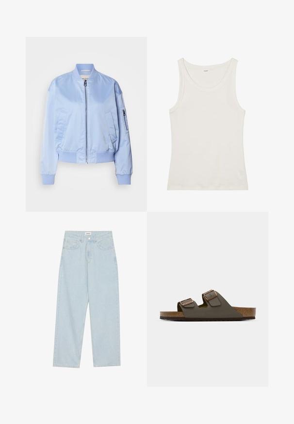 Jachetă bomber de culoare albastru deschis, cu finisaj satin, închidere cu fermoar, manșete și tiv ribbrate, două buzunare laterale, un buzunar cu fermoar pe braț.; Top din bumbac alb, fără mâneci, cu un decolteu larg și bretele subțiri. Textură netedă, fără modele sau embellismente vizibile.; Jeans largi de culoare albastră deschisă, din denim, cu talie medie, cinci buzunare și închidere cu buton având un accent metalic subțire.; Sandașe slip-on de culoare verde închis, cu două curele ajustabile și accesorii de culoare cupru, având o talpă din plută și o talpă din cauciuc texturat.