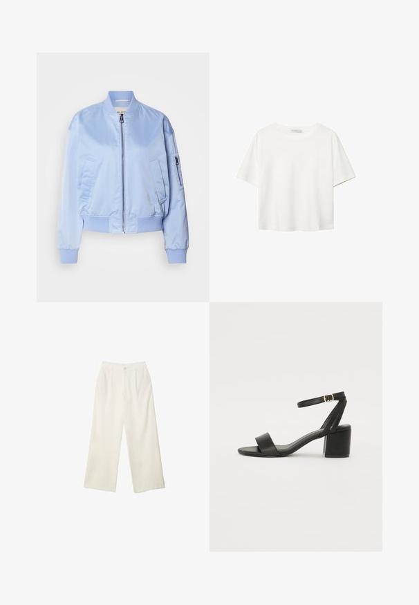 Jasnoniebieska bomberka, satynowe wykończenie, zamek błyskawiczny, ściągacze przy mankietach i u dołu, dwie boczne kieszenie, jedna kieszeń z suwakiem na ramieniu.; Biała koszulka z krótkim rękawem, wykonana z bawełny. Posiada okrągły dekolt i luźny krój. Gładka faktura bez widocznych wzorów czy akcentów.; Spodnie z szerokimi nogawkami w kremowej tkaninie o gładkiej fakturze, z pojedynczym guzikiem z przodu, subtelnymi plisami i wysokim stanem.; Czarne sandały na obcasie z gładkiej skóry, z odkrytymi palcami, szerokimi przednimi paskami oraz regulowanym paskiem na kostkę z detalem w postaci złotego zapięcia.