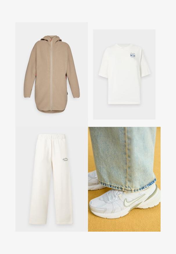 Šviesiai smėlinės spalvos vilnonis džemperis su kapišonu ir priekiniais užtrauktukais, pasižymintis tekstūruota paviršiaus struktūra, ilgomis rankovėmis ir šoninėmis kišenėmis. Akcentai kontrastingų spalvų.; Balta medvilninė marškinėliai trumpomis rankovėmis, su mėlynu piešiniu batų kairėje krūtinės pusėje, tiesaus kirpimo apačia.; Kreminės plačios kojų kelnės, pagamintos iš minkštos medžiagos, su elastinga juosmens juosta. Priekyje yra subtilus žalias siuvinėjimas.; Balti sportiniai sneakeriai su tinklelio viršumi, žaliais akcentais, tekstūruotu padu, derinami su šviesiai mėlynomis džinsinio audinio kelnėmis, kurios turi nusidėvėjusią kraštą.
