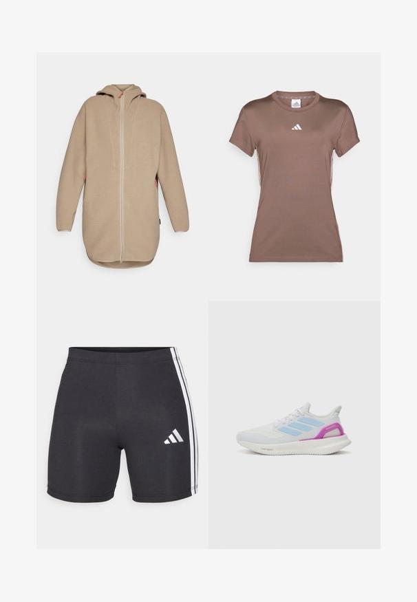 Casaco de fleece bege com capuz e fecho frontal, apresentando uma superfície texturizada, mangas longas e bolsos laterais. Detalhes em cor contrastante.; adidas Performance T-shirt desportiva - earth strata/white; Calções atléticos pretos feitos de tecido elástico, com riscas laterais brancas e um logótipo da Adidas na parte inferior da perna direita. Textura suave.; adidas Performance PUREBOOST 5 - Sapatos para corrida em estrada - white/glow blue/purple burst